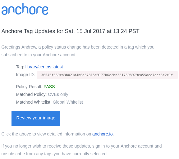 Example of Anchore notification