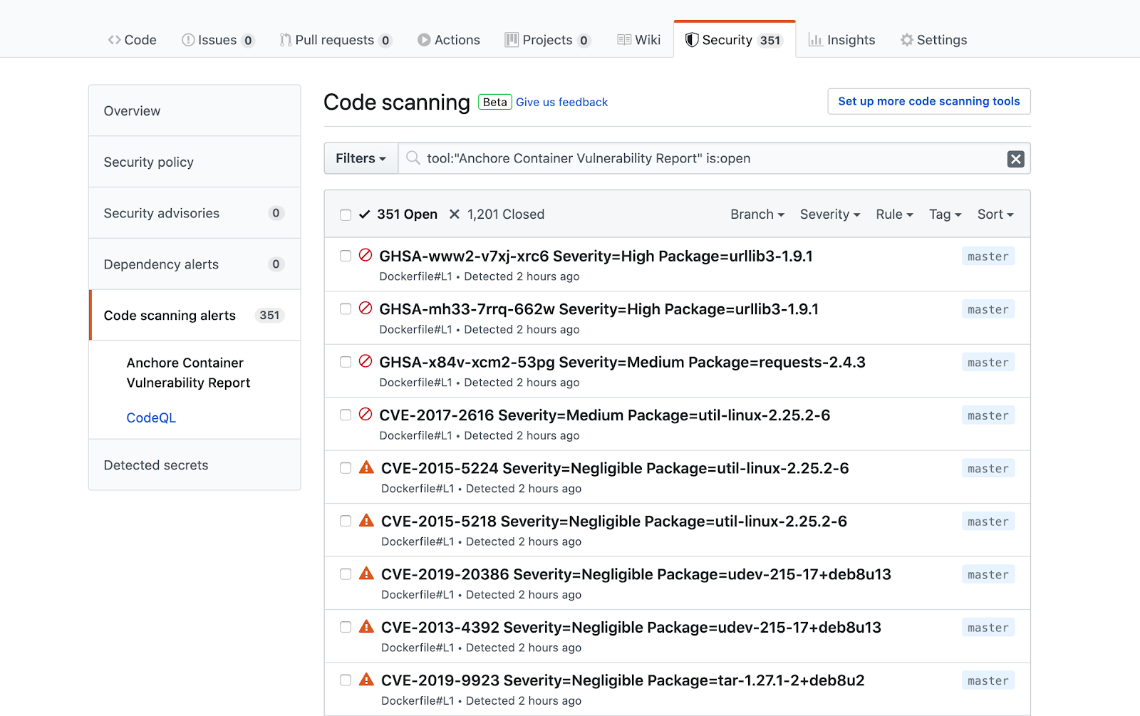 Anchore Code Scanning Workflow in Github