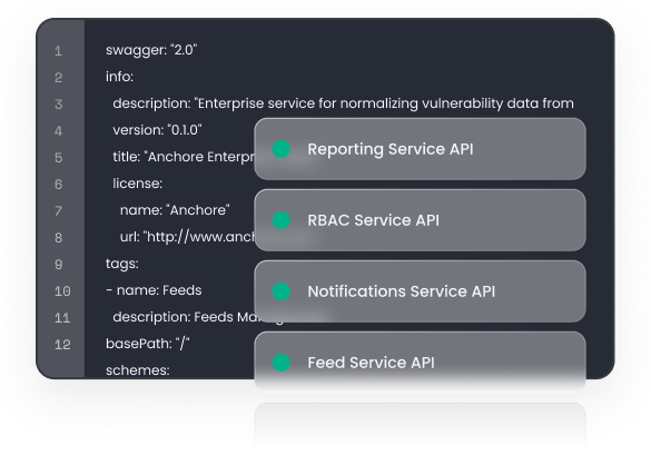 Sample of Anchore API code and list of multiple types of APIs available in Anchore Enterprise