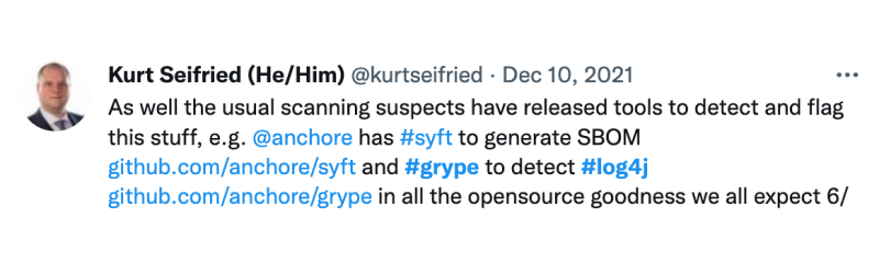 tweet about using Syft and Grype to find log4j vulnerability