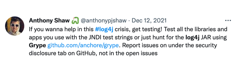 tweet about using Grype to find log4j vulnerability