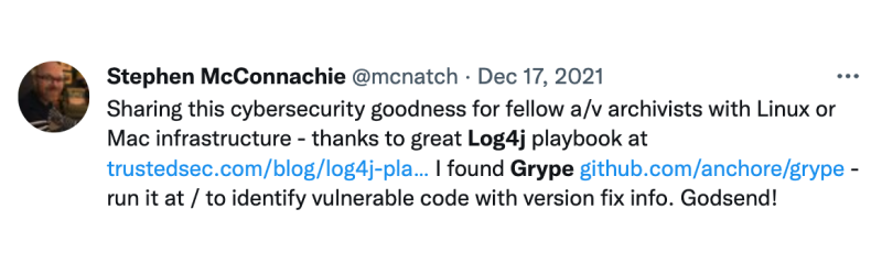 tweet about using Grype to find log4j vulnerability
