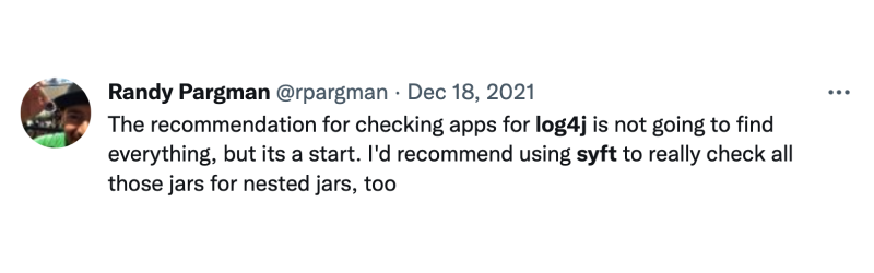 tweet about using Syft to find log4j vulnerability